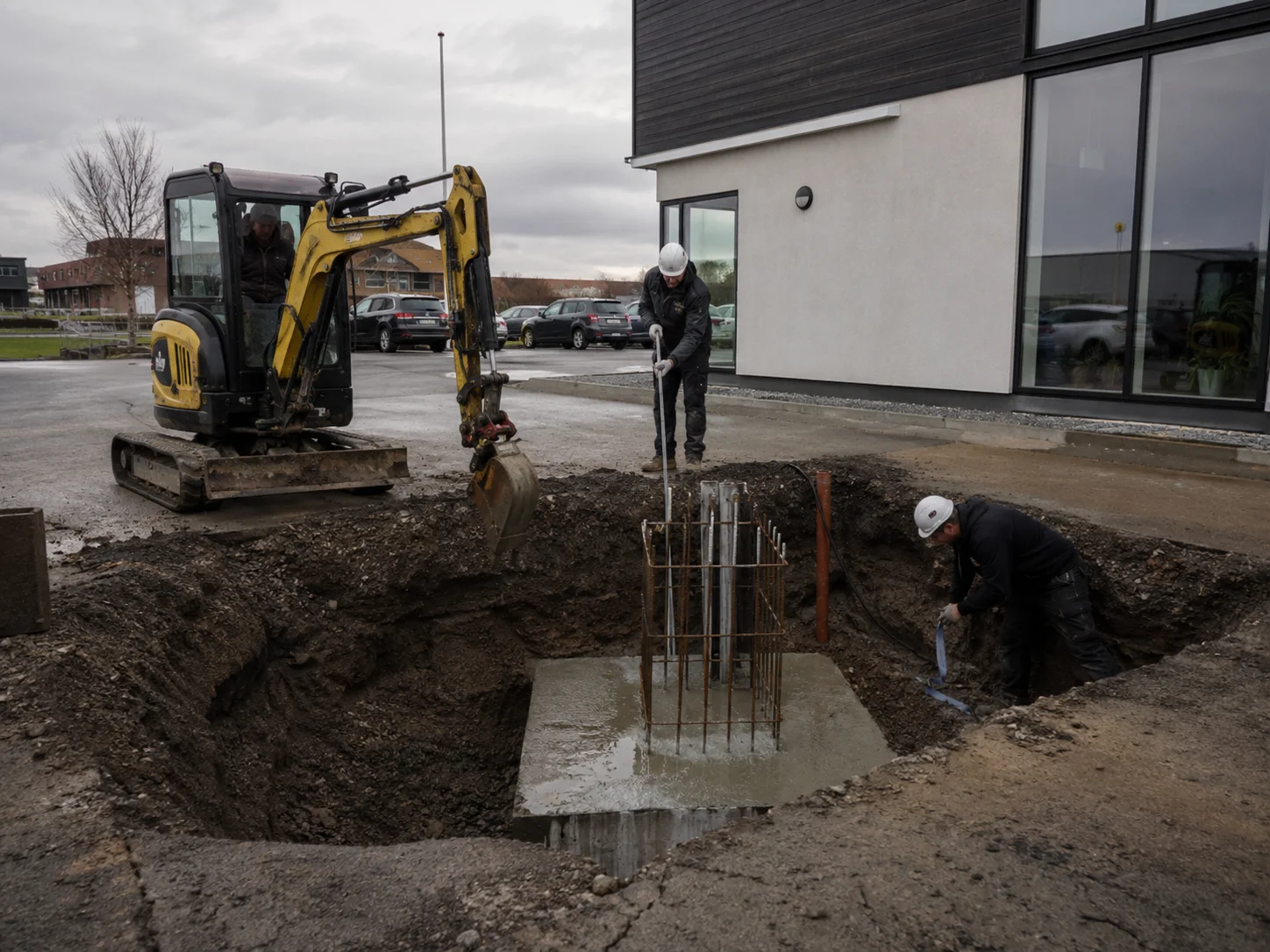 Betonfundament med armering støbes til et pylonskilt foran en erhvervsbygning